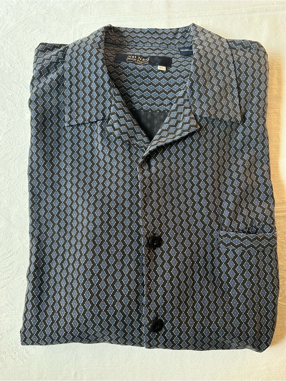 Nat Nast Men’s Black Silk Shirt with Light Blue Geometric Print XL